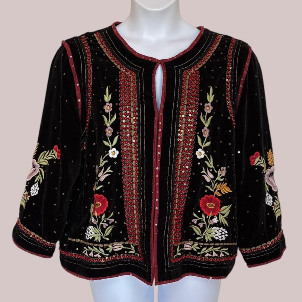 John Mark Embellished Floral Beaded Velvet Jacket Boho Festival Art to Wear XL - Picture 5 of 16